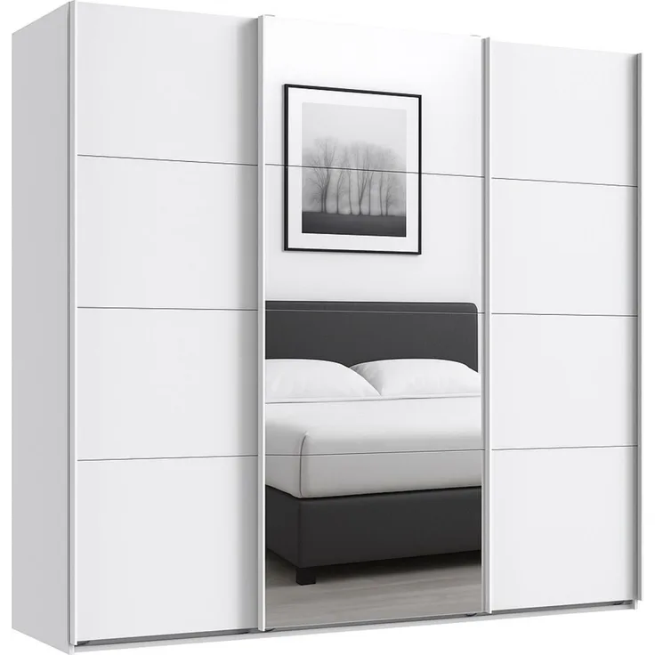 Schwebetürenschrank Kleiderschrank B225 cm H208 cm 3-türig Weiß, 1x Spiegeltür