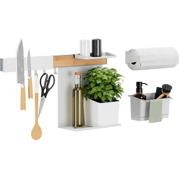 tesa Hakenleiste Küchen-Organizer Regal Wandmontage ohne Bohren, Combi-Set XL, Weiß, (Komplett-Set, 8 St, inkl. Spül, Rollen, Kräuter & Messer Organizer, Klebelösung & Adapter), Selbstklebend, multifunktional, Wandmontage, Gewürzregal