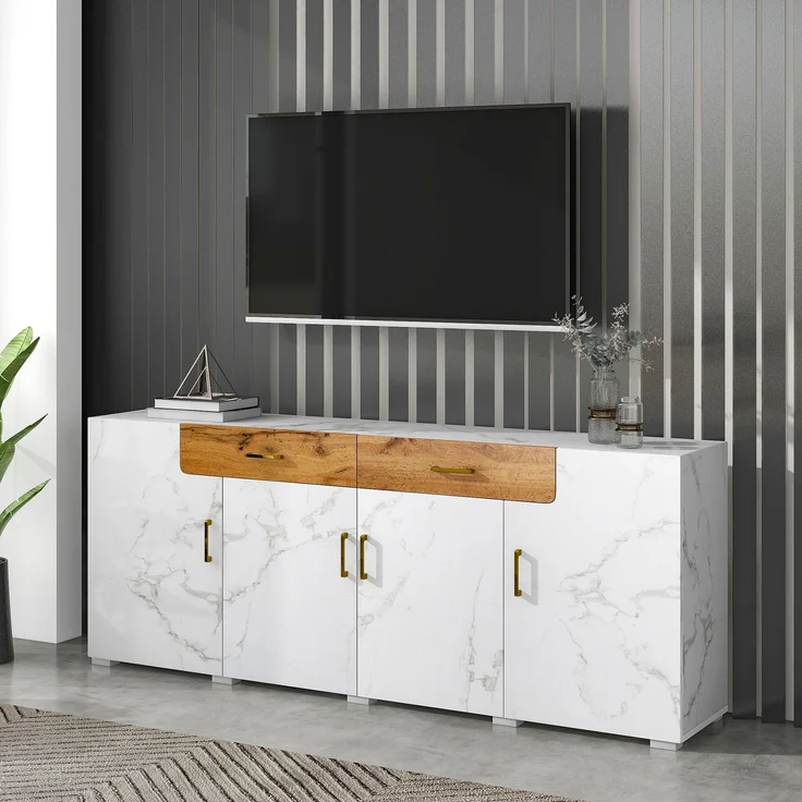 Sideboard weiß marmoriert mit Eiche-Front, modernes TV-Sideboard, Wohnzimmer-Kommode mit 2 Schubladen und 4 Türen – Bild 2