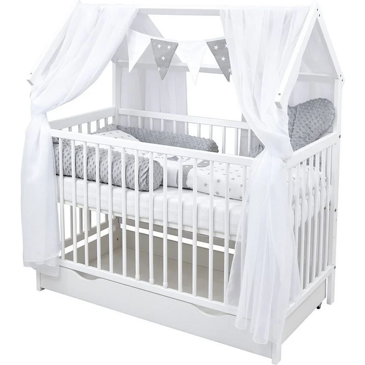 Baby-Delux Komplettbett Hausbett Babybett Schublade Schutzgitter Beißschienen Komplettset, 11-tlg, Kinderbett 60x120 cm weiß, Bettset verschiedene Designs – Bild 1