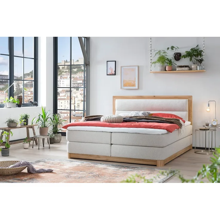 Belanoti Age Boxspringbett 160x200 Eiche 7-Zonen Taschenfederkern Matratze inkl Visco Topper Bett 160x200 in der Farbe Beige H2/H3 Polsterbett Hotelbett mit Massivholz Eiche Massivholzbett