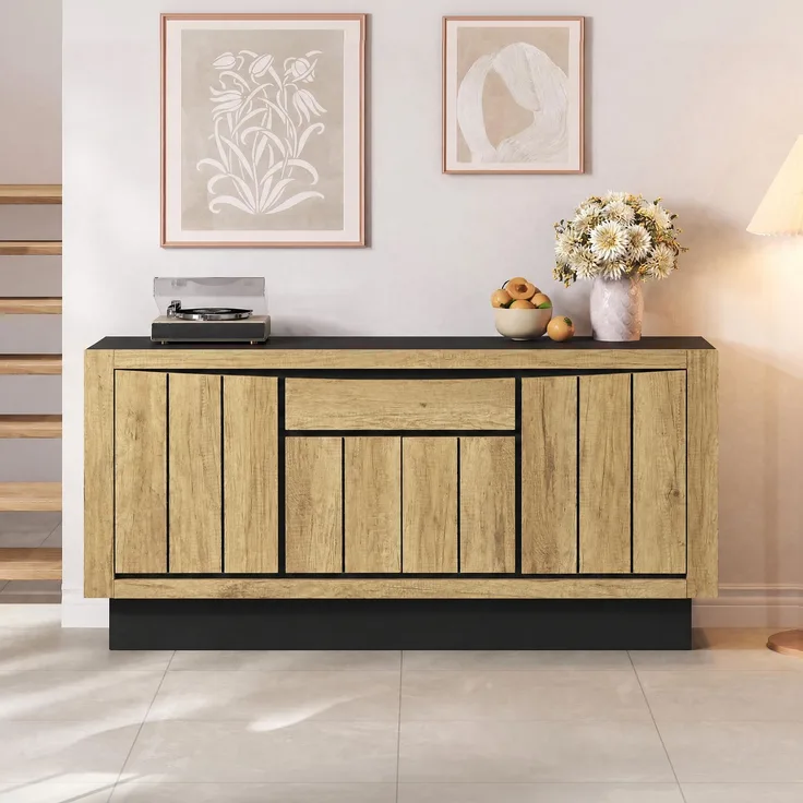 Sideboard 140 x 40 x 60 cm aus MDF in Holzoptik und Schwarz, mit 4 Türen und 1 Schublade