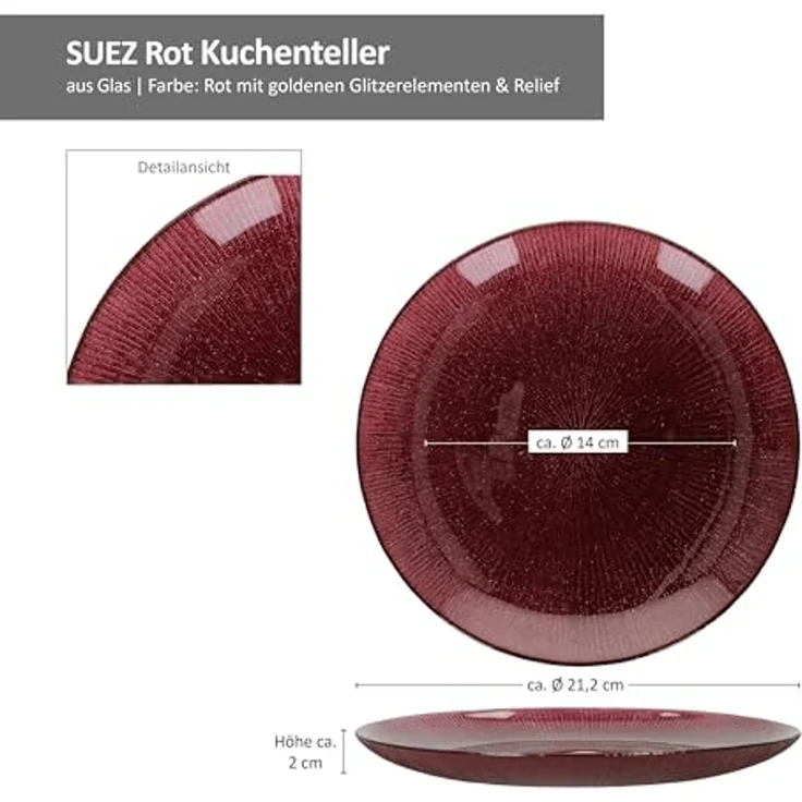 MamboCat Frühstücksteller 6x Suez Kuchenteller Ø21,2cm Glas Rot Glitzer Dessert Weihnachten – Bild 6