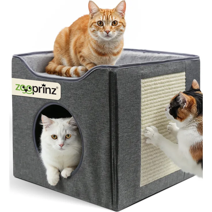 zooprinz Katzenhaus Minka, Rückzugsort und Kuschelhöhle mit Kratzfläche, stabil und faltbar, für 1-2 Katzen