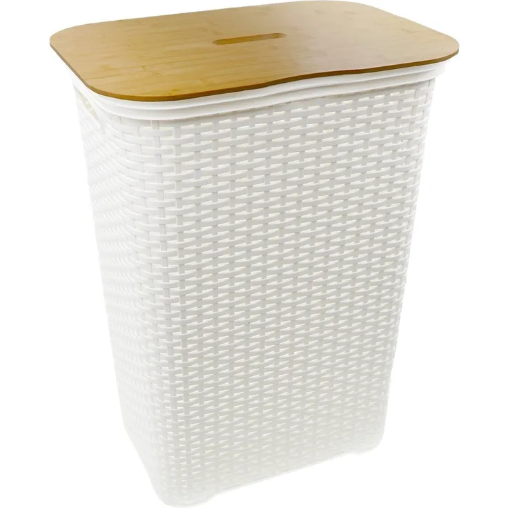 hrb Wäschebox Wäschekorb mit Bambus Deckel, Wäschesammler, Wäscheaufbewahrung, 65 Liter Volumen, schicker Bambusdeckel, Feuchtigkeitsresistent