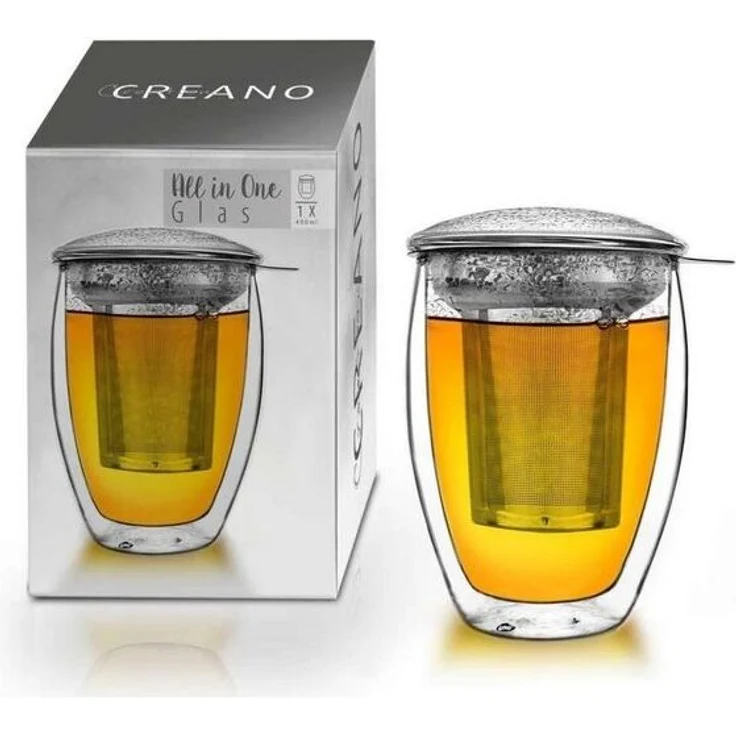 Creano Teeglas Creano doppelwandiges Teeglas mit Edelstahlfilter und Glasdeckel -, Borosilikatglas, 3-teilig – Bild 4