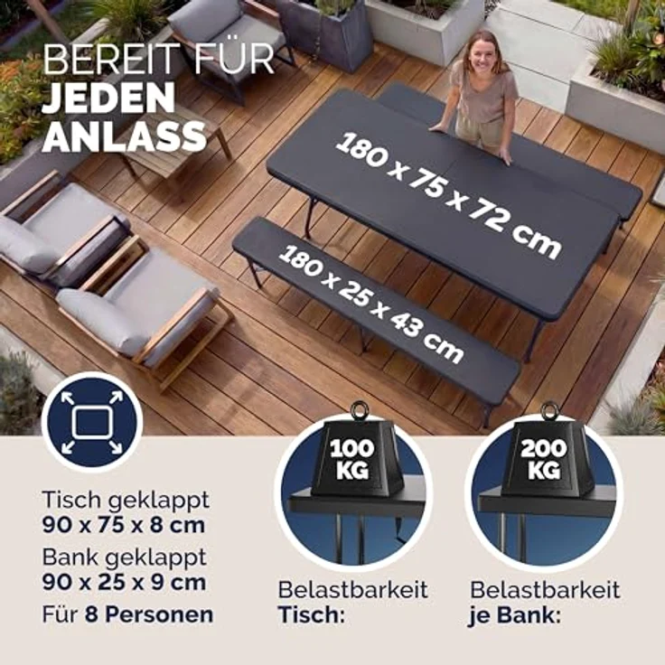 Casaria Bierzeltgarnitur, Klappbar Kunststoff 180cm Biertischgarnitur Festzeltgarnitur Camping – Bild 3