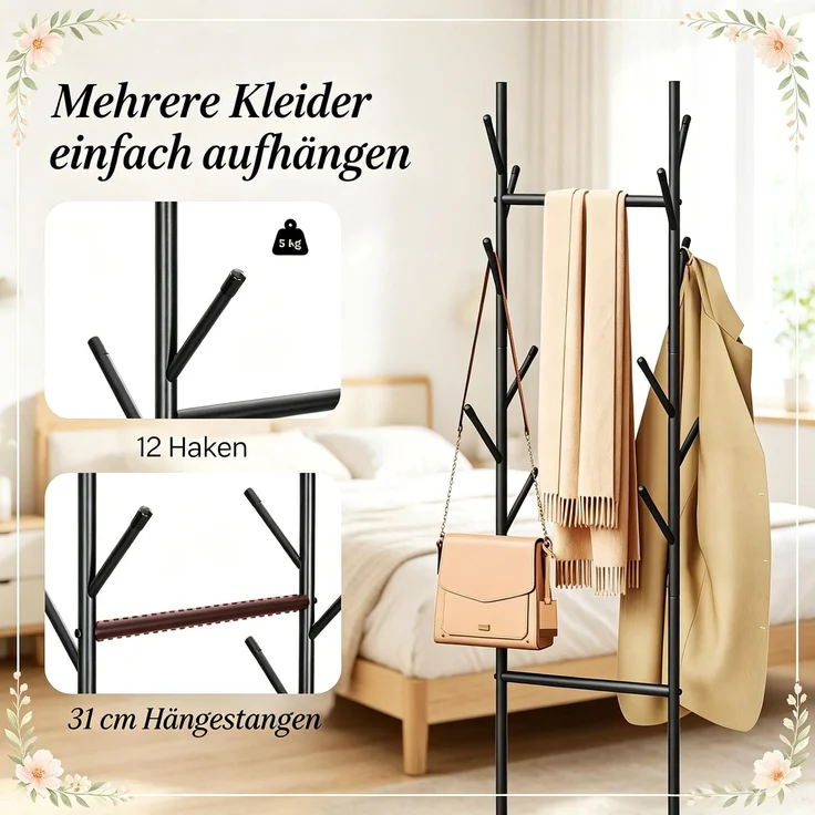 Garderobenständer 41x41x175 cm aus Metall in Schwarz mit Korb und 12 Haken – Bild 6