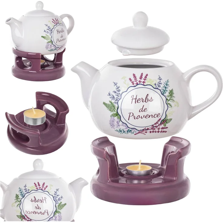 KADAX Teekanne 1L mit Stövchen Set, Kaffeekanne aus Porzellan mit Deckel, Griff und Teestövchen, Kanne mit Teelicht Wärmer für Tee, Teeservice (Violett/Weiß)