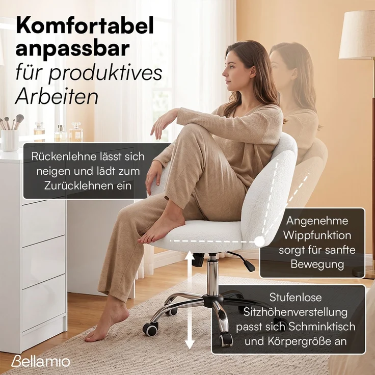 Bellamio 'Livny' Set aus Schminktisch mit Spiegel und Wolkenstuhl, LED-Beleuchtung, mit 5 Schubladen, beidseitig montierbar, weiß Hochglanz, 80x53x110 cm, LED-Beleuchtung mit mit 3 einstellbaren Lichtfarben – Bild 4