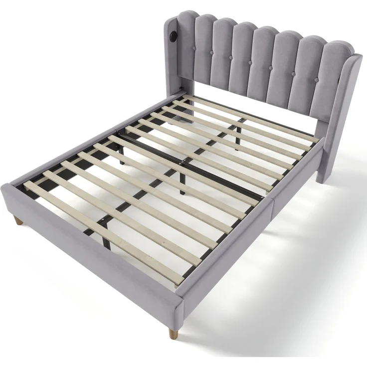 Einzelbett 160x200 cm Grau Leinen mit USB & Type-C Ladeanschluss,gepolstertes Kopfteil,Design-Paneel,stabiler Rahmen – Bild 9