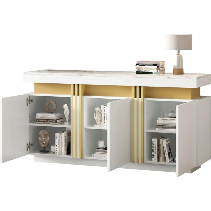 ZUBALIYA Sideboard 140x38x70 cm, mit 3 Türen, aus Spanplatte, Weiß – Bild 5