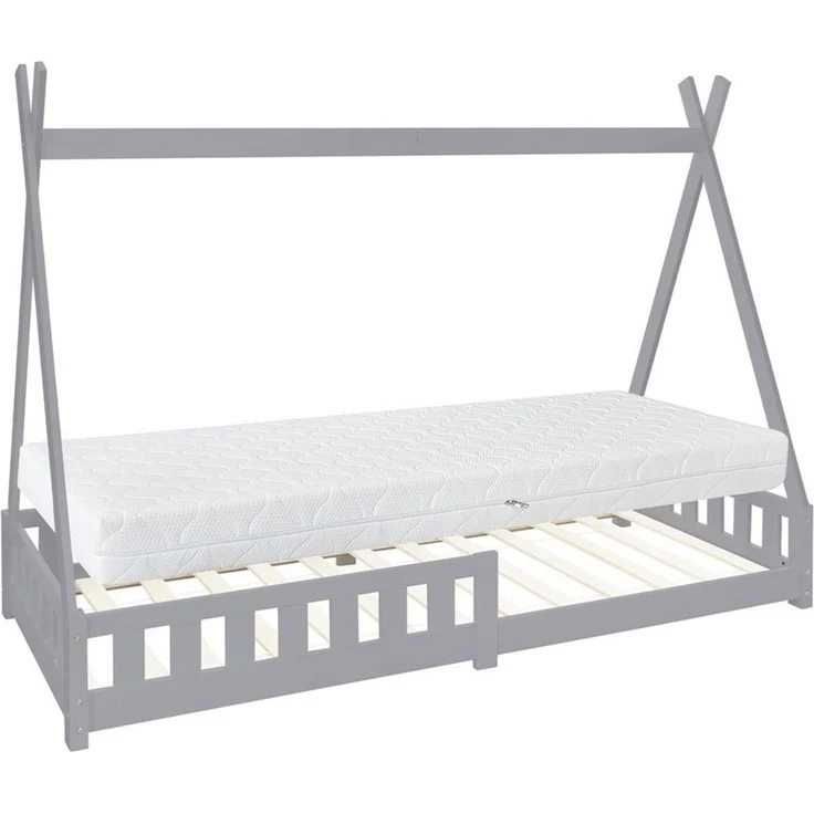 ML-DESIGN Spielbett Hausbett Tipi Zeltbett inkl. Lattenrost Bodenbett Kinder Himmelbett, Abenteuerbett mit Rausfallschutz Zelt Bett Kiefer Grau Kinderhaus – Bild 1