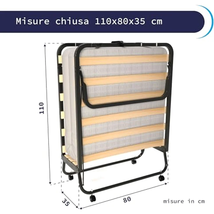 Cortassa - Klappbett mit 10 cm hoher Matratze aus Memory-Schaum, Einzel-Lattenrost mit Holzlatten 80x200 cm, platzsparendes Bett mit Rollen – Bild 4
