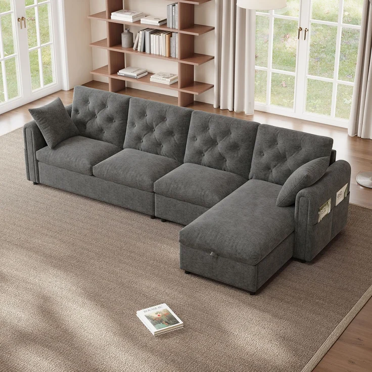 EINHOM Moderns sofa mit Stauraum im Eckbereich , L-förmiger Stauraum im Eckbereich links und rechts verstellbar, Seitliche Armlehnen mit Magazintaschen, Rückenlehne mit Knopfheftung. Grau. (281 x 86 x 71 cm) – Bild 4