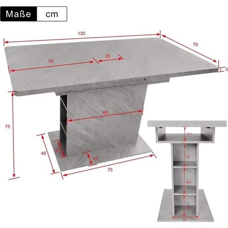 Flieks Esstisch (1-St), ausziehbar 110-130cm Tisch mit Stauraum Schreibtisch Küchentisch, grau – Bild 4