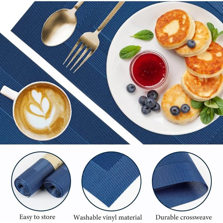 ABC 8-teiliges strapazierfähiges und hitzebeständiges Vinyl-Tischset, abwaschbar, 45 x 30 cm, dunkelblau – Bild 4