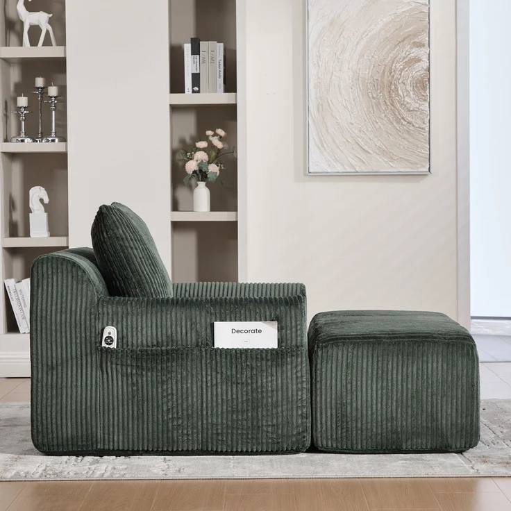 Sessel Cord mit Fußhocker, 147 x 110 x 67 cm,Relaxsessel mit Stauraumtaschen & Federkern, kein Aufbau,Smaragd – Bild 4
