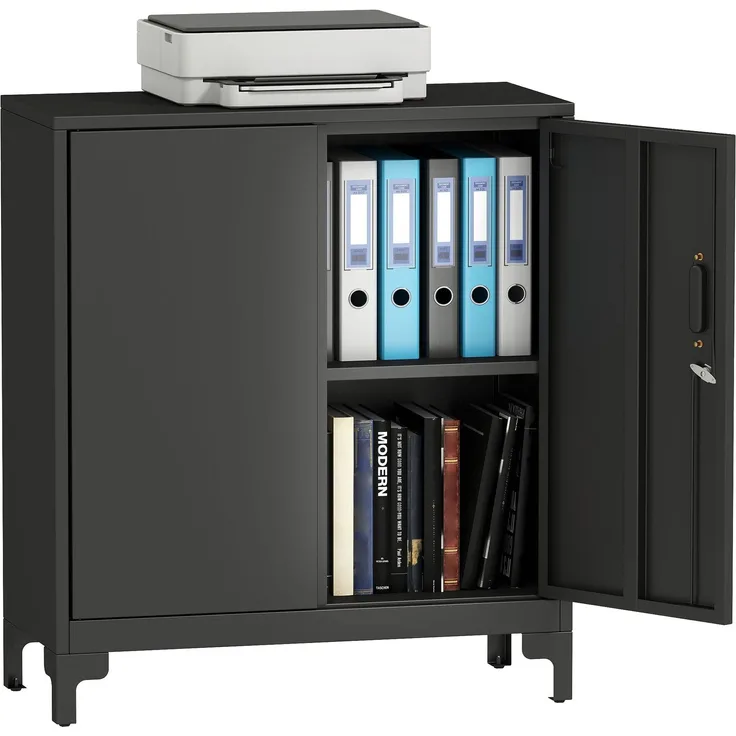 Büroschrank aus Metall, verschließbare Türen, Bürokommode, 2-stufiges Design, Schwarz--Schwarz--91x35x80cm--YOUDENOVA