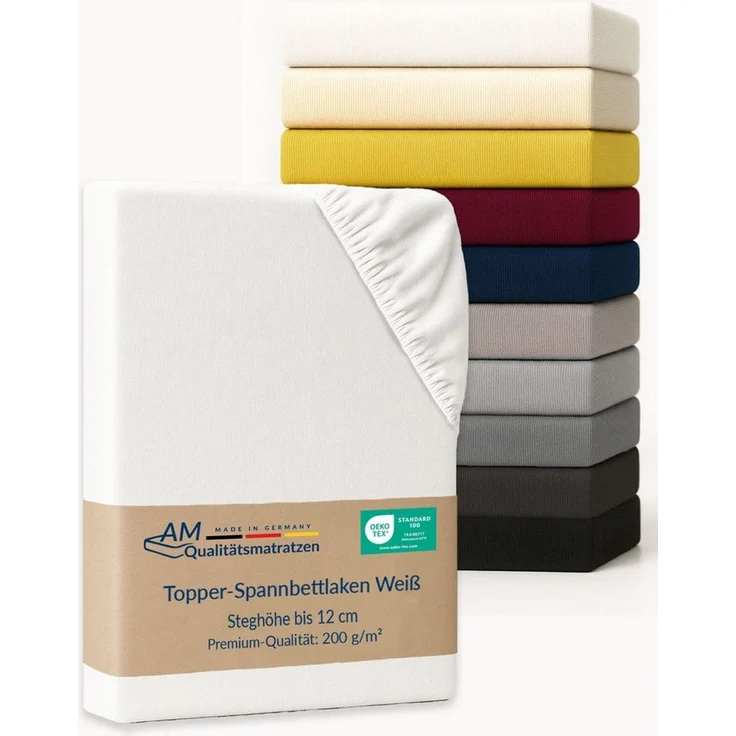 AM Qualitätsmatratzen Spannbettlaken Baumwolle in weiß, Bettlaken für Topper, Made in Germany, Baumwolle, Gummizug: rundum, (1 Stück), 90x200x12 – Bild 5