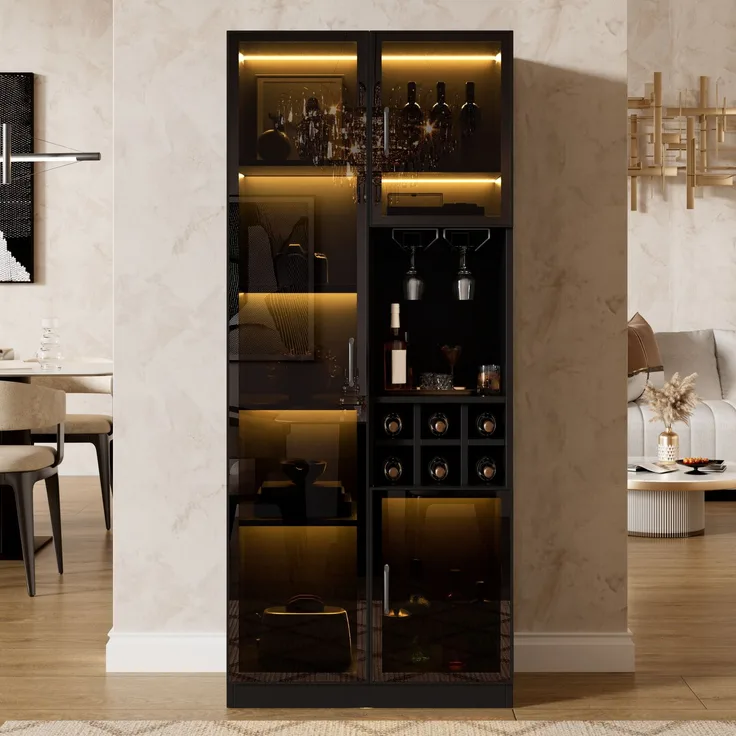 Vitrine 60 x 36 x 160 cm aus MDF und PB mit LED-Beleuchtung, Glastüren und Weinregal