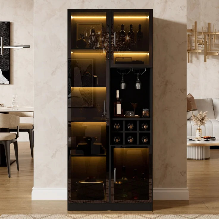 Vitrine 60 x 36 x 160 cm aus MDF und PB mit LED-Beleuchtung, Glastüren und Weinregal – Bild 1