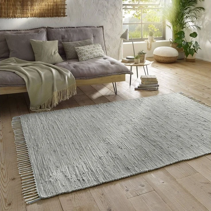 TaraCarpet Teppich Flickenteppich TaraCarpet Sylt mit Fransen, rechteckig, Höhe: 5 mm, Wohnzimmer Schlafzimmer Küchenteppich grau 070x140 – Bild 5