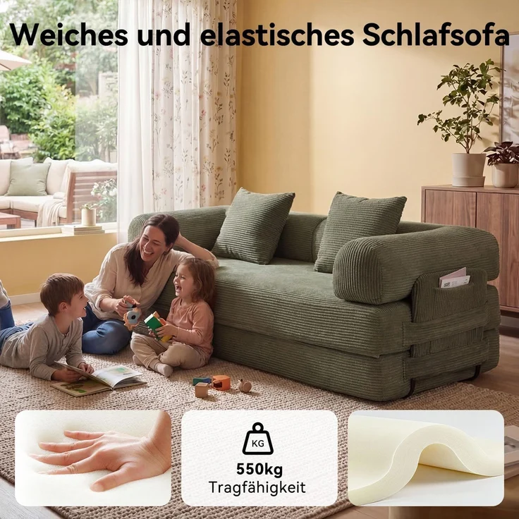 Aoxun Kordstoff Schlafsofa 200×97×70cm, 5-in-1 Umwandelbares Bodensofa, Hochdichter Schaumstoff, Haustierfreundlich, Keine Montage, Grün – Bild 6