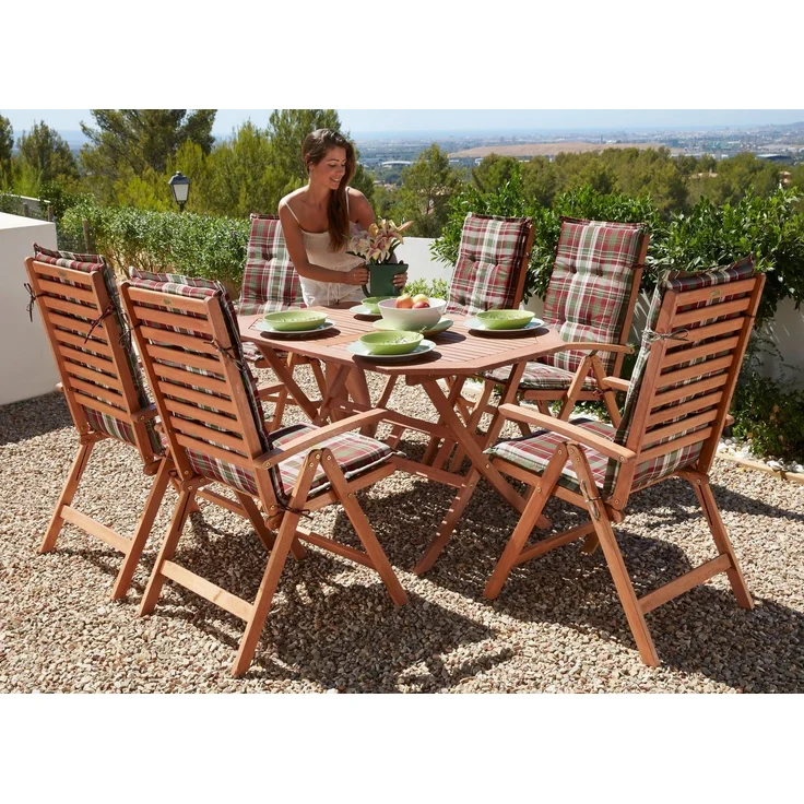 MERXX Garten-Essgruppe Borkum, TOPSELLER!, (13-tlg, 6x Sessel, inkl. Sitz- und Rückenkissen, 1x Klapptisch 135x85 cm), Eukalyptusholz, FSC Mix, geeignet für 6 Personen – Bild 5