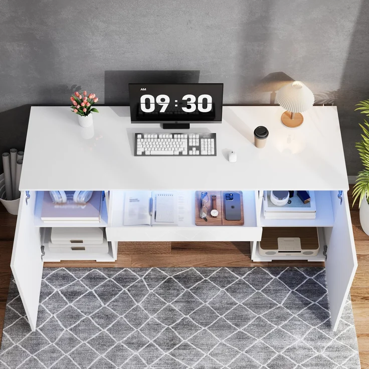 ZUBALIYA 140x50cm großer Schreibtisch in Hochglanz, mit LED-Beleuchtung, 1 Schublade und 2 Türen, moderner Computertisch mit extra großer Arbeitsfläche, Schminktisch mit Stauraum, in Weiß-Hochglanz – Bild 3