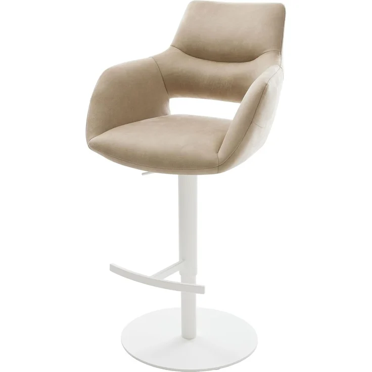 Barstuhl Yago-Flex Mikrofaser Beige Vintage Drehfuß höhenverstellbar Metall Weiß Taschenfederkern – Bild 1