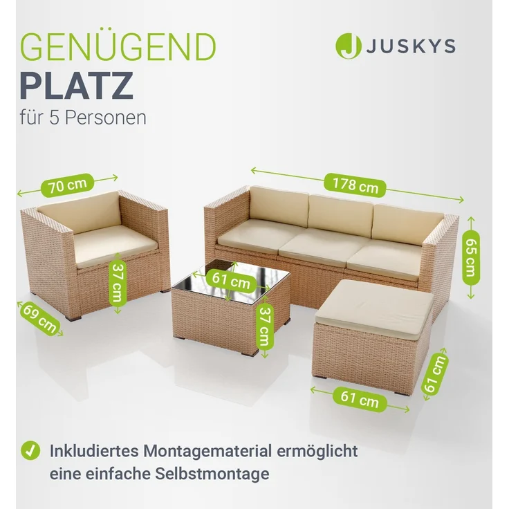 Juskys Polyrattan Lounge Punta Cana L creme inkl. Abdeckung – Gartenlounge für 4-5 Personen – Sitzgruppe mit Sessel, Sofa, Tisch & Hocker - Sitzbezüge sand – Bild 4