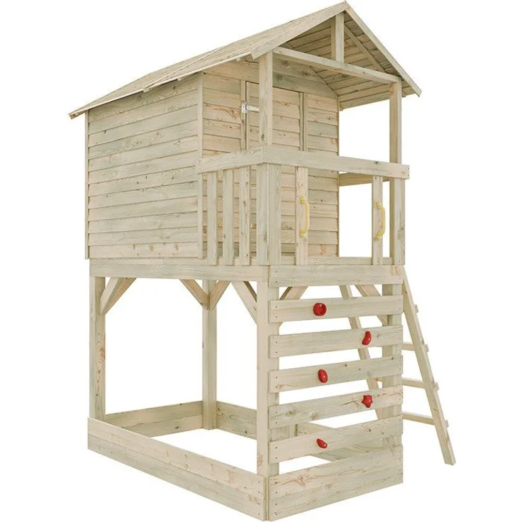Belladoor Spielturm Stelzenhaus Luis, Holzspielturm mit Kletterwand und Haltegriffen, Braun/Grün, 150×216 cm