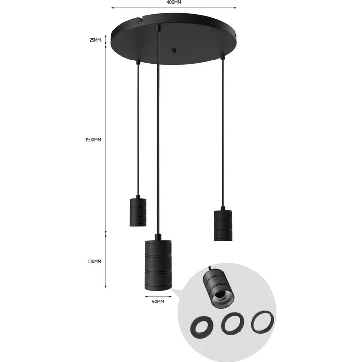 Calex Retro Pendelleuchte, rund, 3-flg., dimmbar, E27-Fassung, schwarz