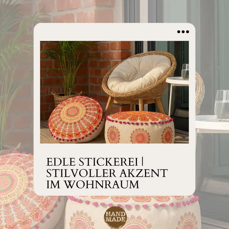 Marrakesch Orient & Mediterran Interior Pouf Pouf Garet Orange, runder Baumwoll-Sitzpouf bestickt 50x25 cm (1-St), Handarbeit – Bild 7