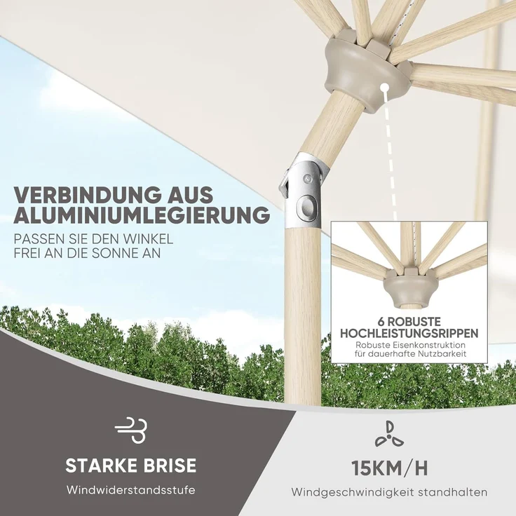 Sekey Sonnenschirm mit Kurbel und UV50+, knickbar, Aluminium creme / natur, 210 × 140 cm – Bild 5