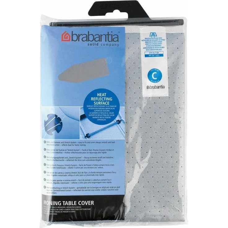 Brabantia Bügelbrett Bezug, Bügelbezug, Bügeltischbezug, Bügelbrettbezug, Baumwolle metallisiert & 2mm Schaumstoff, mit Kordelzug, Größe C, 124x45 cm, Silber, 136702