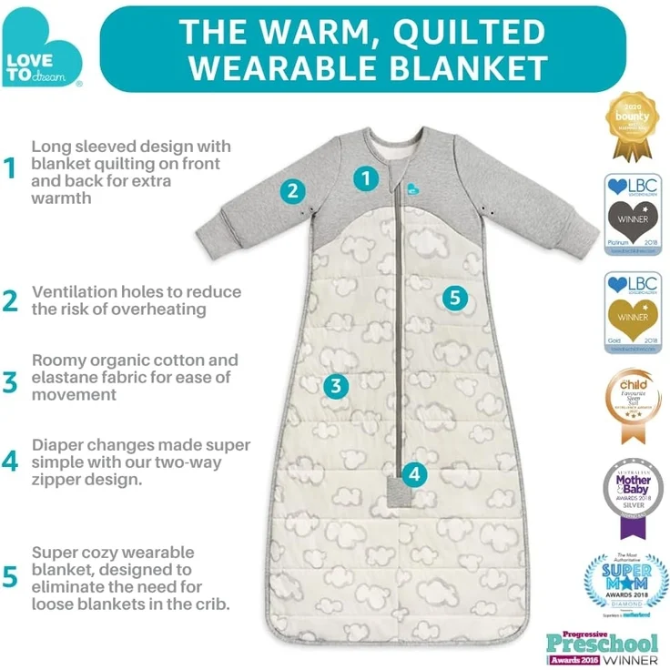 Love To Dream Schlafsack warm, 18–36 Monate, Südpolgrau, 2,5 Tog für kühl (16–20 °C), Lange Ärmel und integrierte Steppdecke, maschinenwaschbare Baumwolle, 2 Reißverschlüsse, Von Hebammen empfohlen – Bild 3