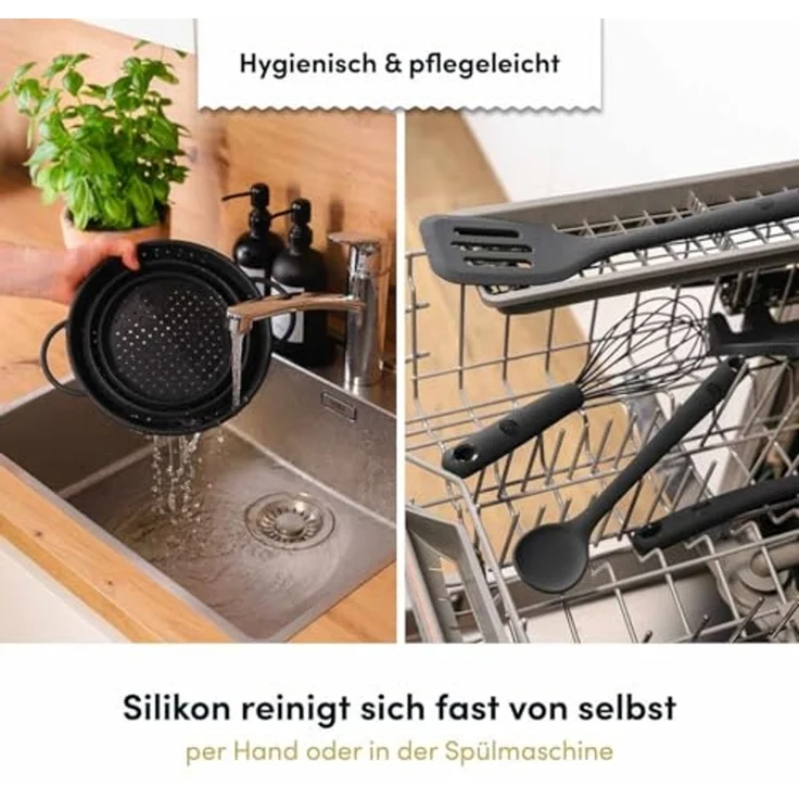Hoffmann Germany Küchensieb Faltsieb Silikon Edelstahlring 23 cm anthrazit – platzsparend, Silikon, (1-St), 200°C, spülmaschinenfest, faltbar, Nudeln & Gemüse – Bild 5