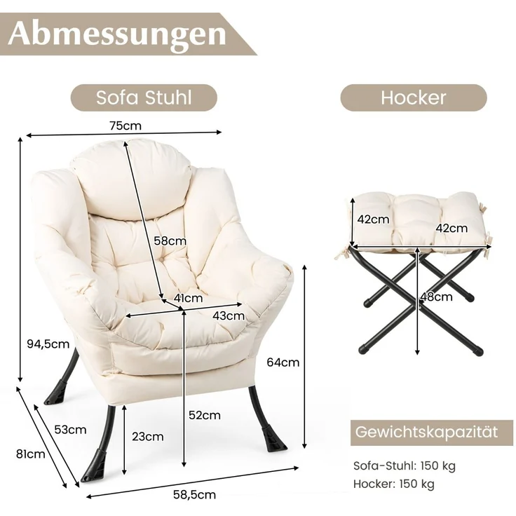 Sessel mit Hocker & Armlehnen & Seitentasche & Fußstütze Relaxsessel Ohrensessel Beige – Bild 2