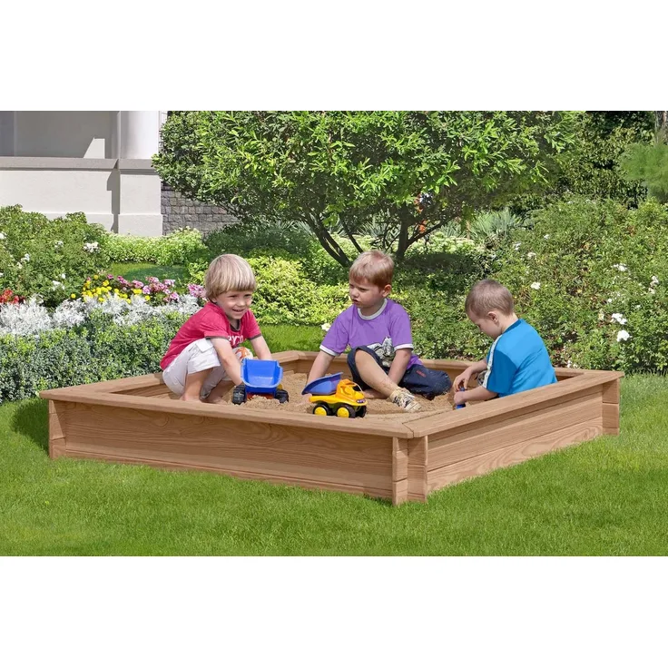 Mega-Holz Sandkasten Buddelkasten "Lotta", 150x150x25 cm, Witterungsbeständiges Lärchenholz mit Holz Sitzkante