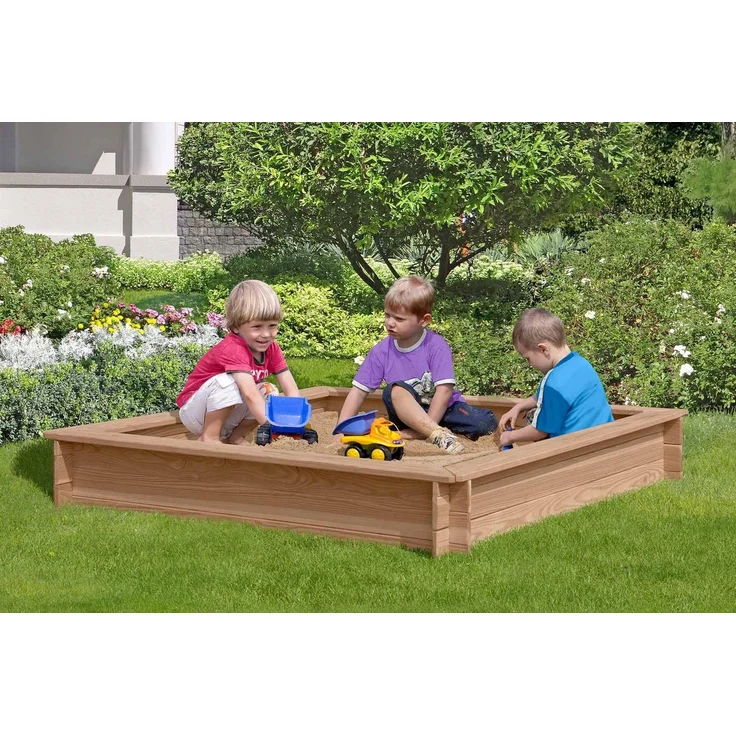 Mega-Holz Sandkasten Buddelkasten "Lotta", 150x150x25 cm, Witterungsbeständiges Lärchenholz mit Holz Sitzkante