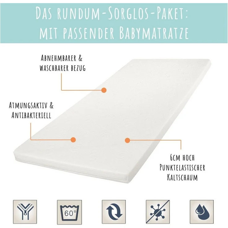 Kids Collective Kinderbett Babybett Gitterbett 60x120 und 70x140 cm höhenverstellbar, mit Schublade und Matratze weiß 70x140 cm von Geburt bis 6. Lebensjahr – Bild 2