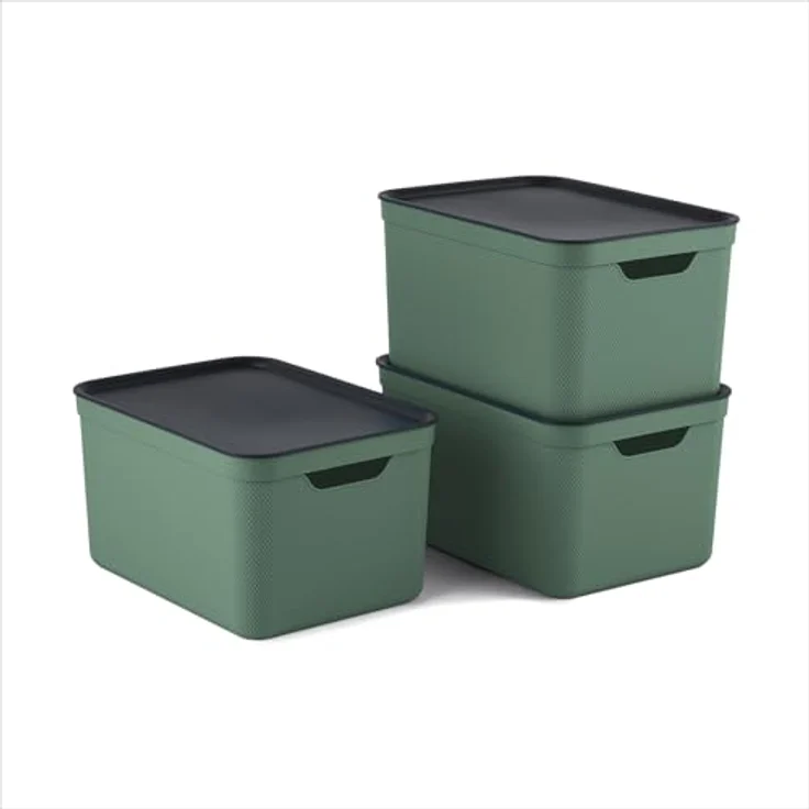 Jive Dekobox 3er- Set Aufbewahrungsbox 16l mit Deckel, Kunststoff (PP recycelt), grün/anthrazit, 3x16l (37.5 x 27.8 x 29.8 cm) – Bild 2