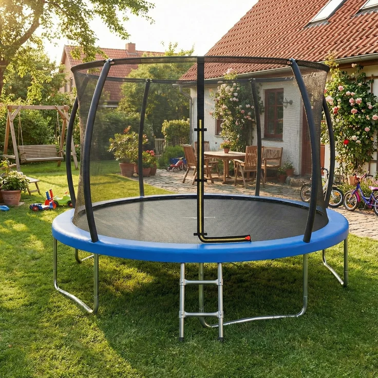 Devoko Gartentrampolin mit Sicherheitsnetz, Leiter, Randabdeckung, Stahlrahmen, Blau, Ø 360 cm – Bild 2