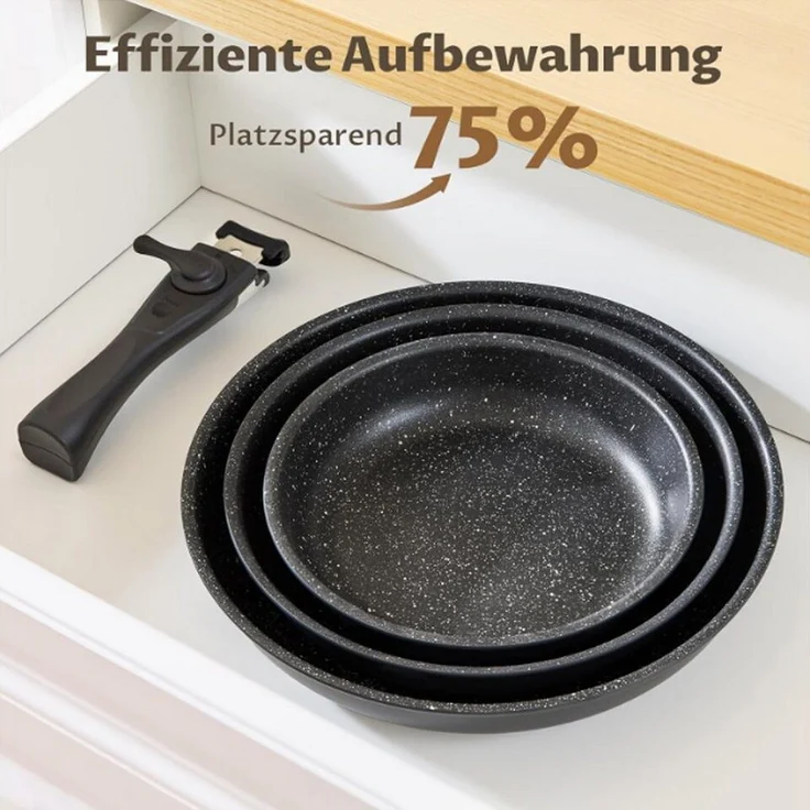 Gotoll Pfannen-Set mit abnehmbarem Griff und Antihaftbeschichtung, Aluminium (Set, 3-tlg, Pfanne Ø20/24/28 cm), für alle Herdarten geeignet, ergonomischer Kunststoffgriff – Bild 3