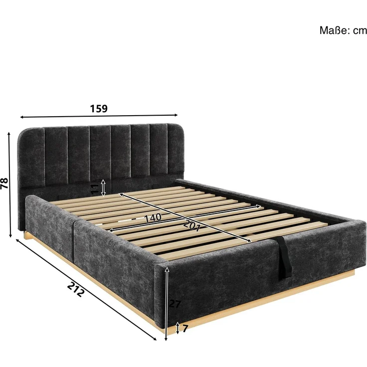 Polsterbett mit LED-Beleuchtung und Stauraum, 140x200 cm, gepolsterter Kopfteil, Stauraumbett, Chenille – Bild 7