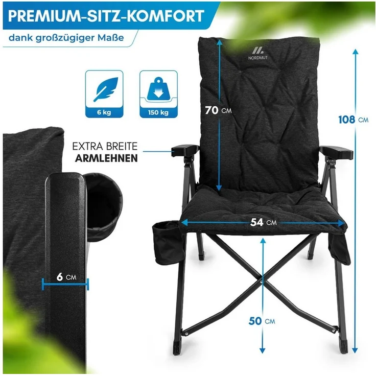 Nordmut Campingstuhl verstellbare Rückenlehne 4-fach, gepolstert, kompakt, Sitzen & Liegen (Spar-Set, 2 St), hohe Lehne, klappbar, 140kg belastbar, ergonomische Sitzform, Armlehne – Bild 2