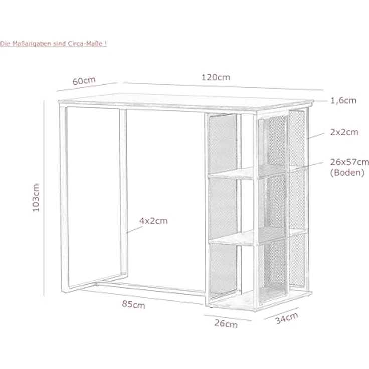 Hela Tische, Bartisch Bistrotisch Klara, Dekor Eiche Dunkelgrau, Metall-Regal-Gestell, 120 x 60 x 103 cm – Bild 3