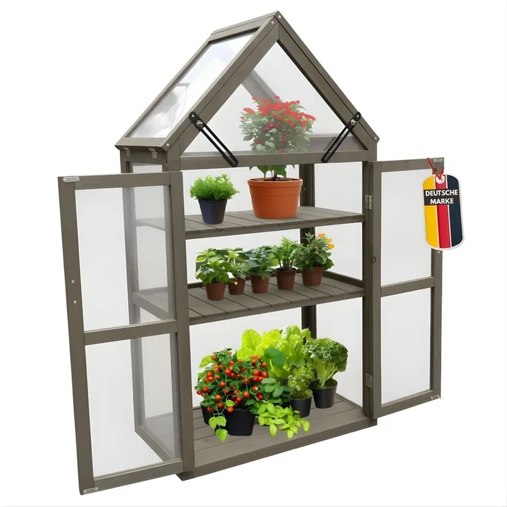 Coemo Gewächshaus Grau Jan mit aufklappbaren Türen und Dach 70 x 41 x 132 cm
